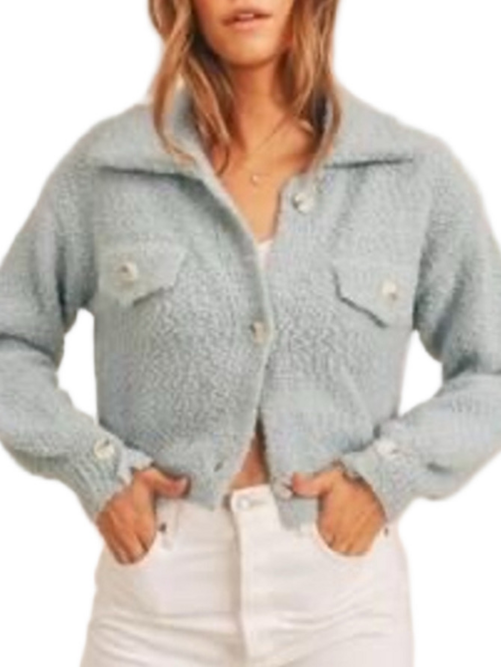 Chunky Mable Light Blue Textured Button-Up Cardigan Sweater Collared Cropped